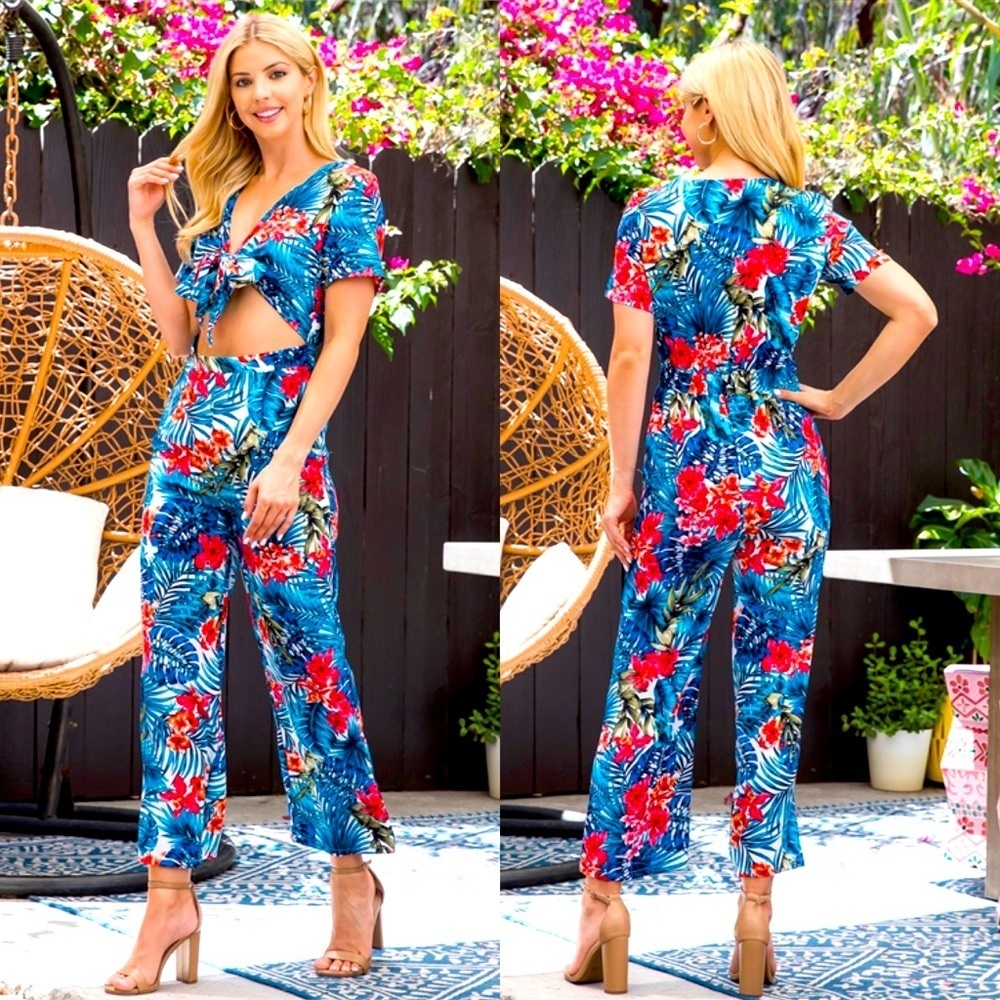 NEW WOMENS ARRIVAL TROPICAL FLORAL CROPPED BOW TIE BLUE MULTI FLORAL JUMPSUIT